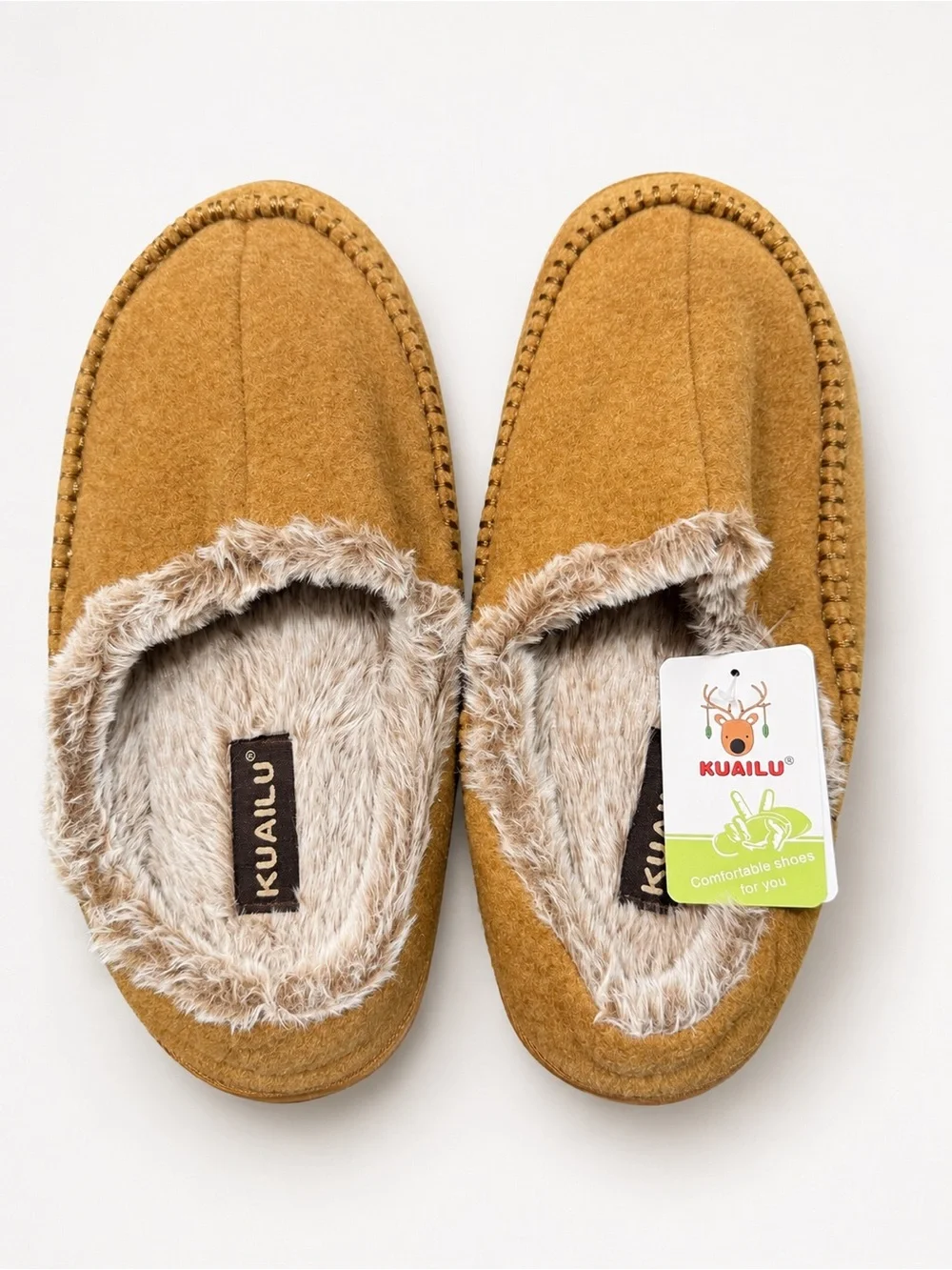 KUAILU Men’s Moccasin Slippers Size 12 Brown Faux Fur Lined Indoor Outdoor NWT